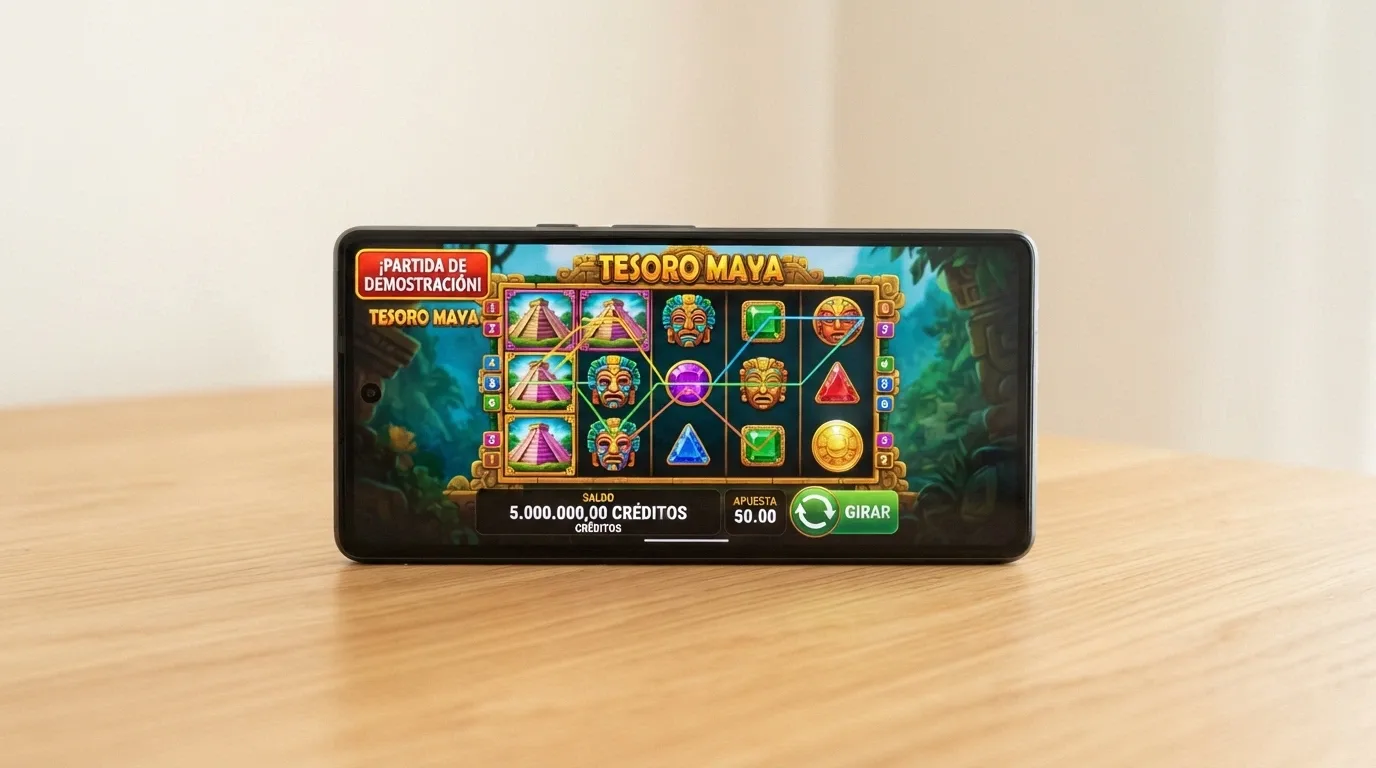 Pantalla de una tragaperras de Evolution Group en modo demo con saldo ficticio y los botones de apuesta visibles