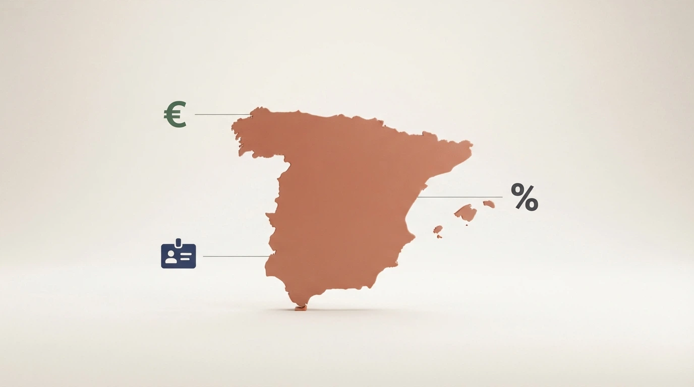 Mapa de España con iconos que representan los límites de depósito, el KYC obligatorio y el símbolo del IRPF