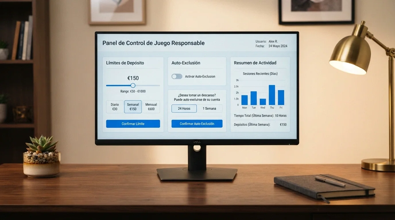Panel de control de juego responsable de un casino online español con los apartados de límite de depósito, autoexclusión y resumen de actividad
