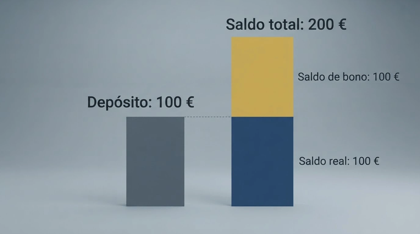 Gráfico que compara un depósito de 100€ con el saldo resultante de 200€ tras aplicar un bono del 100%, separando saldo real y saldo de bono