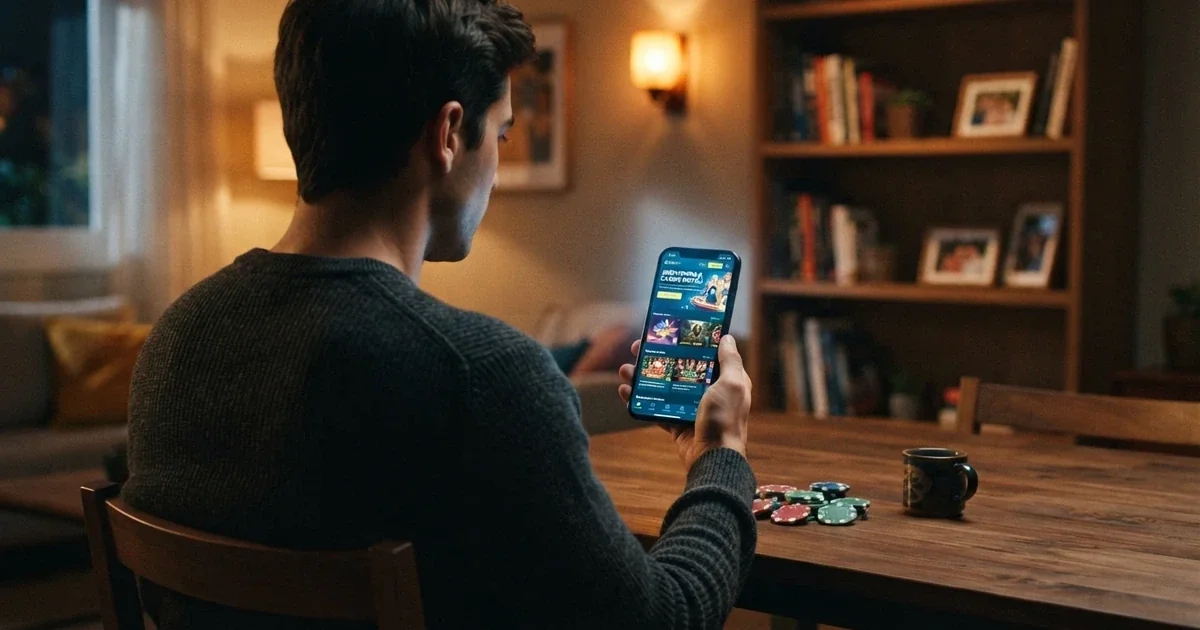 Jugador consultando ofertas de casino online desde un móvil, con fichas y una pantalla de registro de casino español