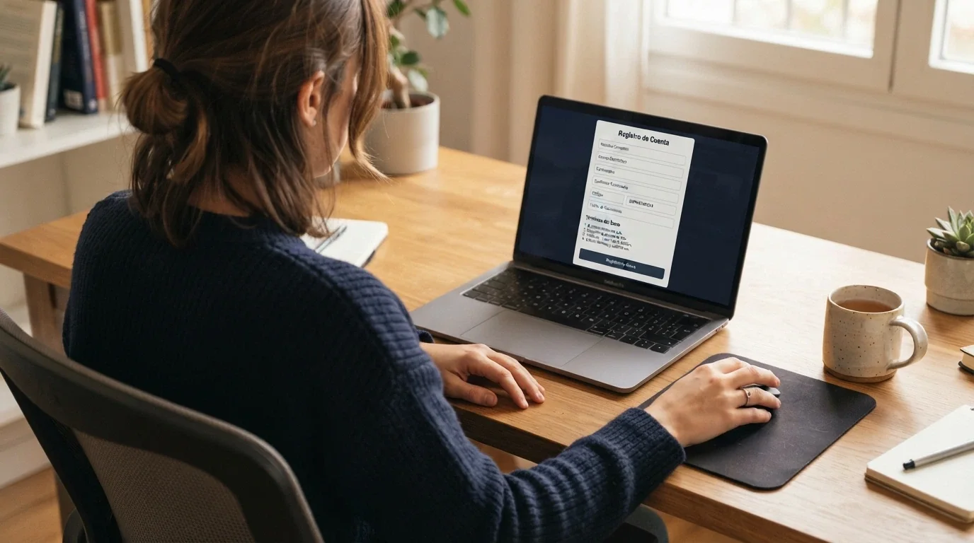 Mano sobre el ratón frente a la pantalla de un casino online con el campo de código promocional y los términos del bono visibles
