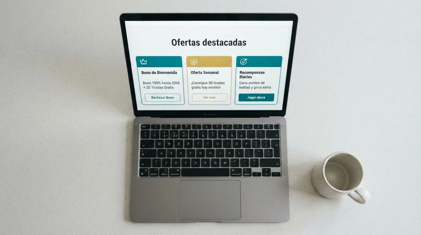 Pantalla de inicio de un portal de afiliados con ofertas de casino destacadas y condiciones en letra pequeña