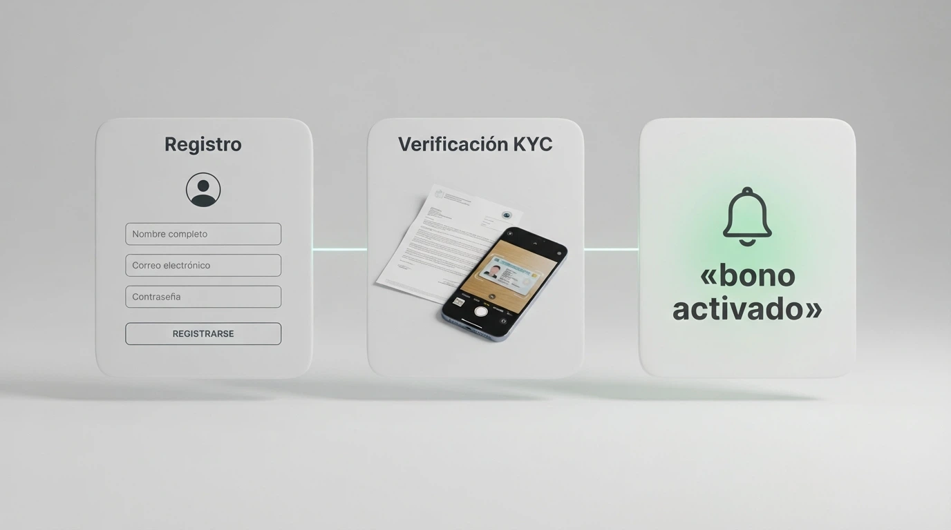 Una pantalla dividida en tres pasos: formulario de registro con datos personales, documento de identidad junto a un móvil para la verificación KYC, y una notificación de «bono activado» en la cuenta del jugador