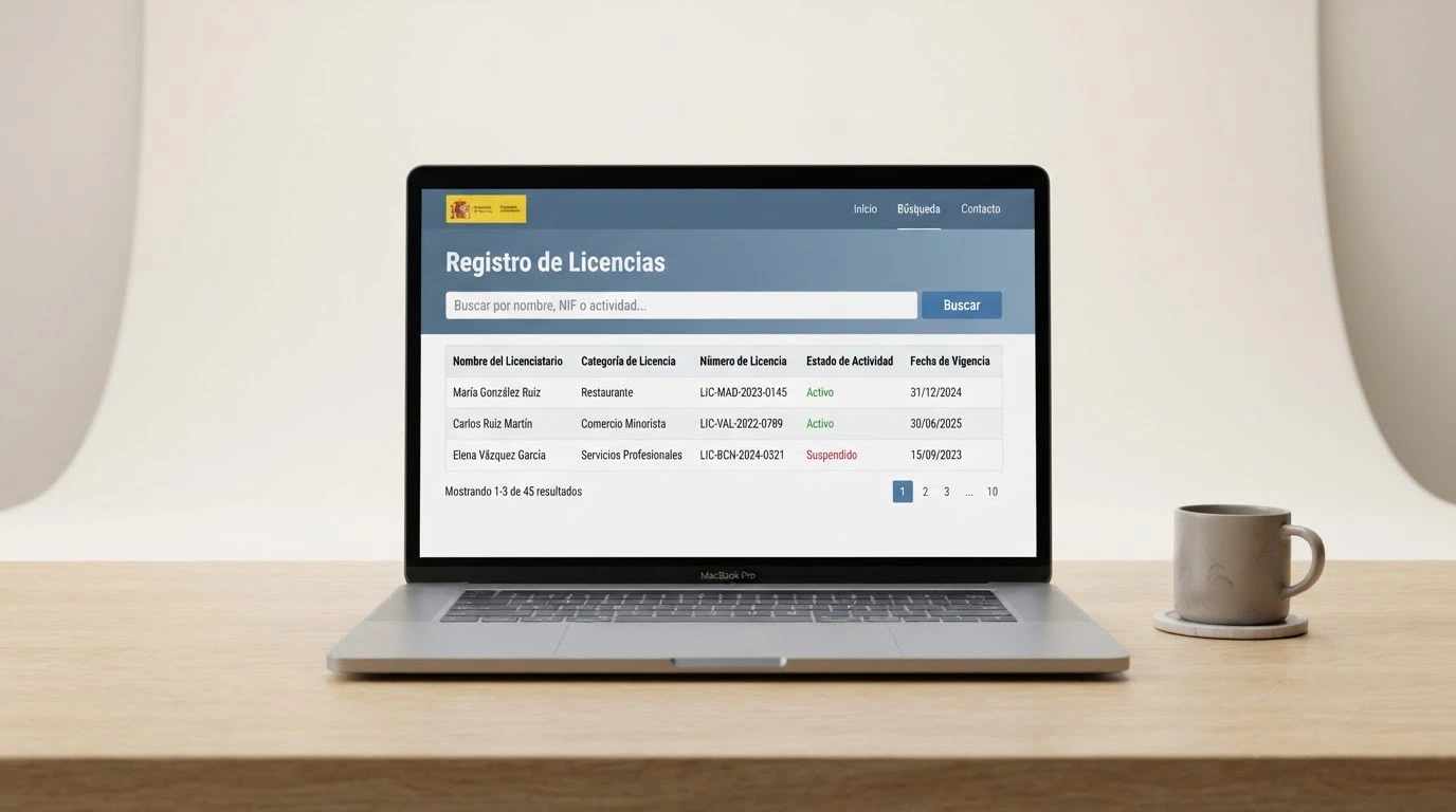 Pantalla o interfaz de consulta de un registro oficial de licencias con datos de un operador