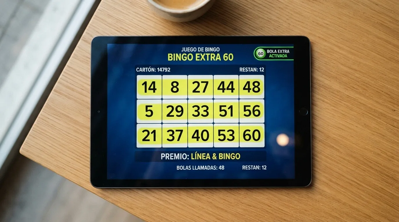 Vista detallada de un cartón virtual de video bingo de 60 bolas con varias líneas completadas y una bola extra activa en la interfaz