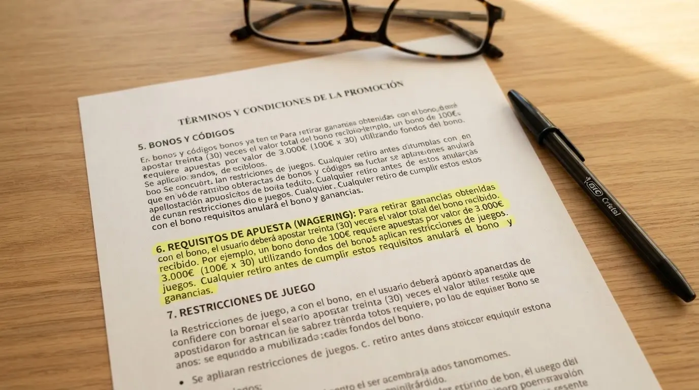 Primer plano de los términos y condiciones de un bono con el apartado de rollover o requisito de apuesta resaltado