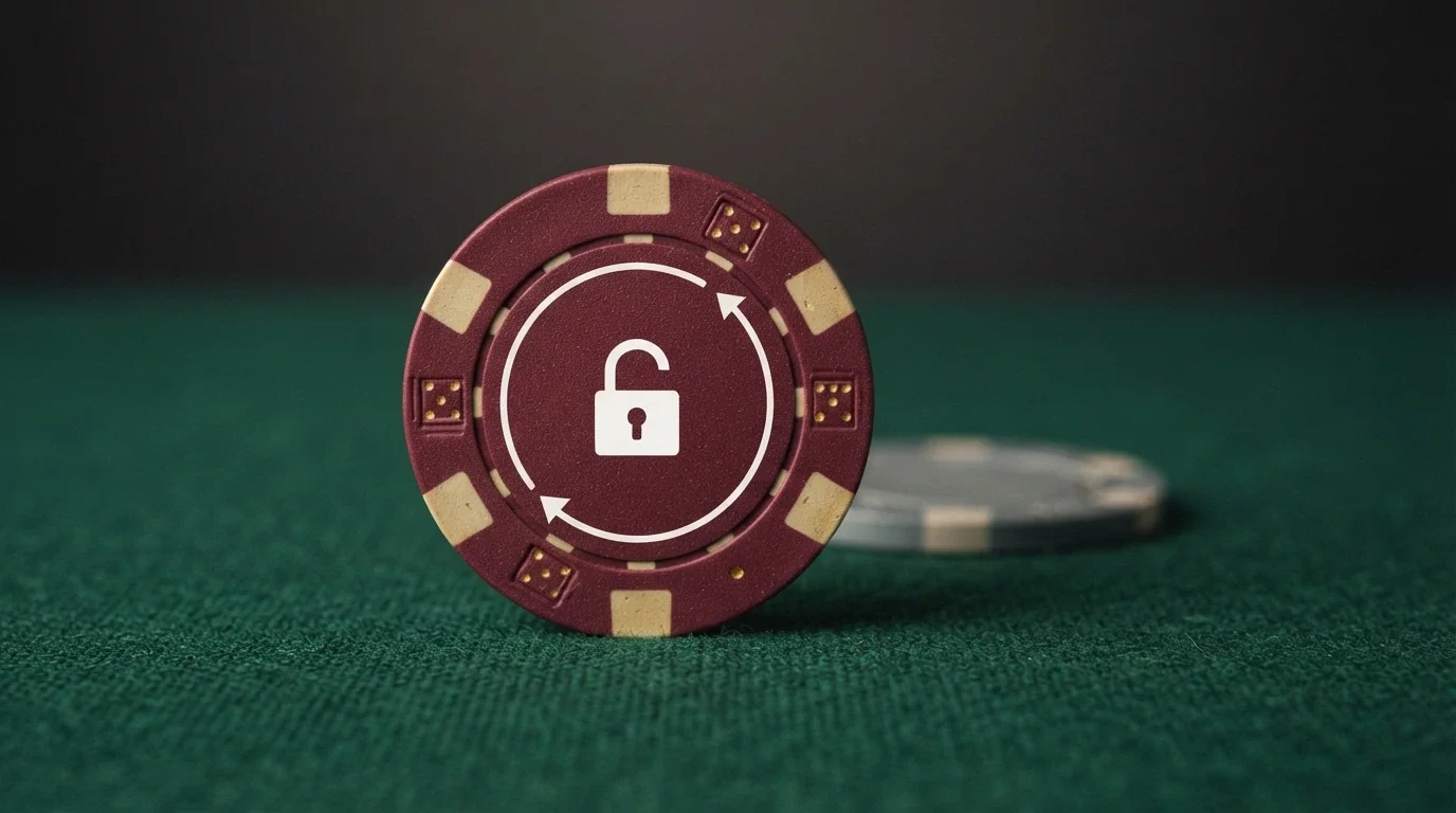 Una ficha de casino con un candado abierto y una flecha circular que indica el número de veces que hay que apostar el dinero antes de poder retirarlo