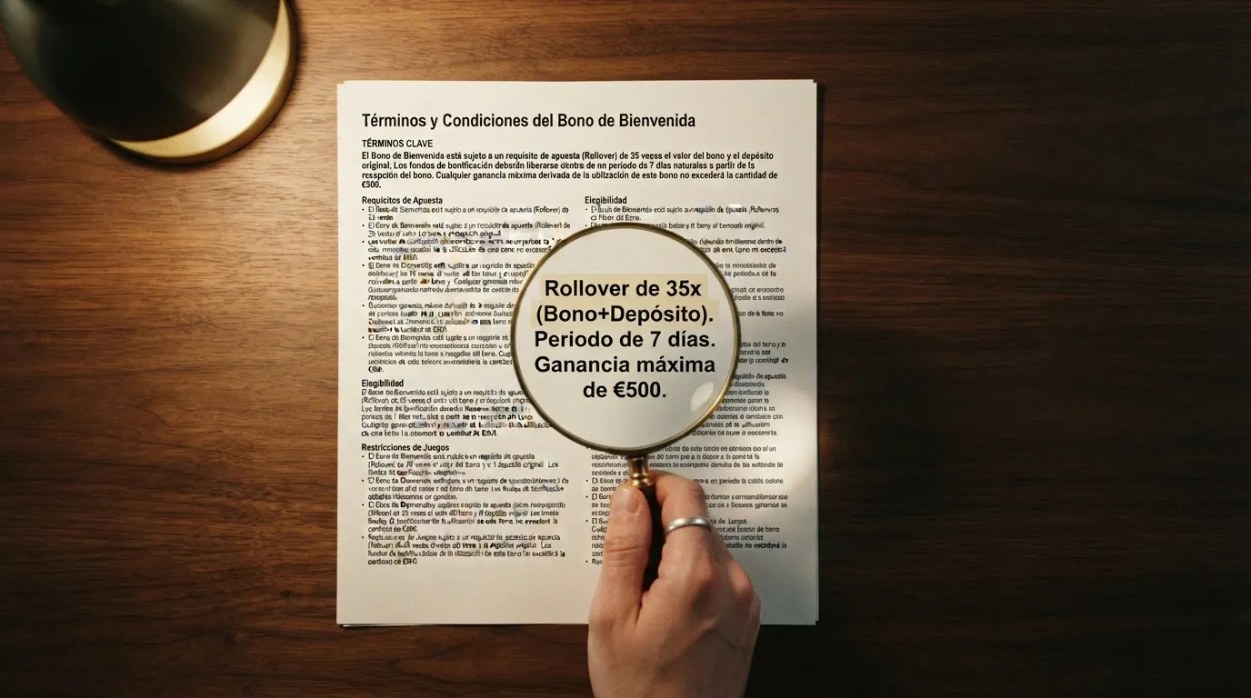 Un contrato simbólico con una lupa sobre las cláusulas de «rollover x40», «plazo 7 días» y «ganancia máxima 30€»