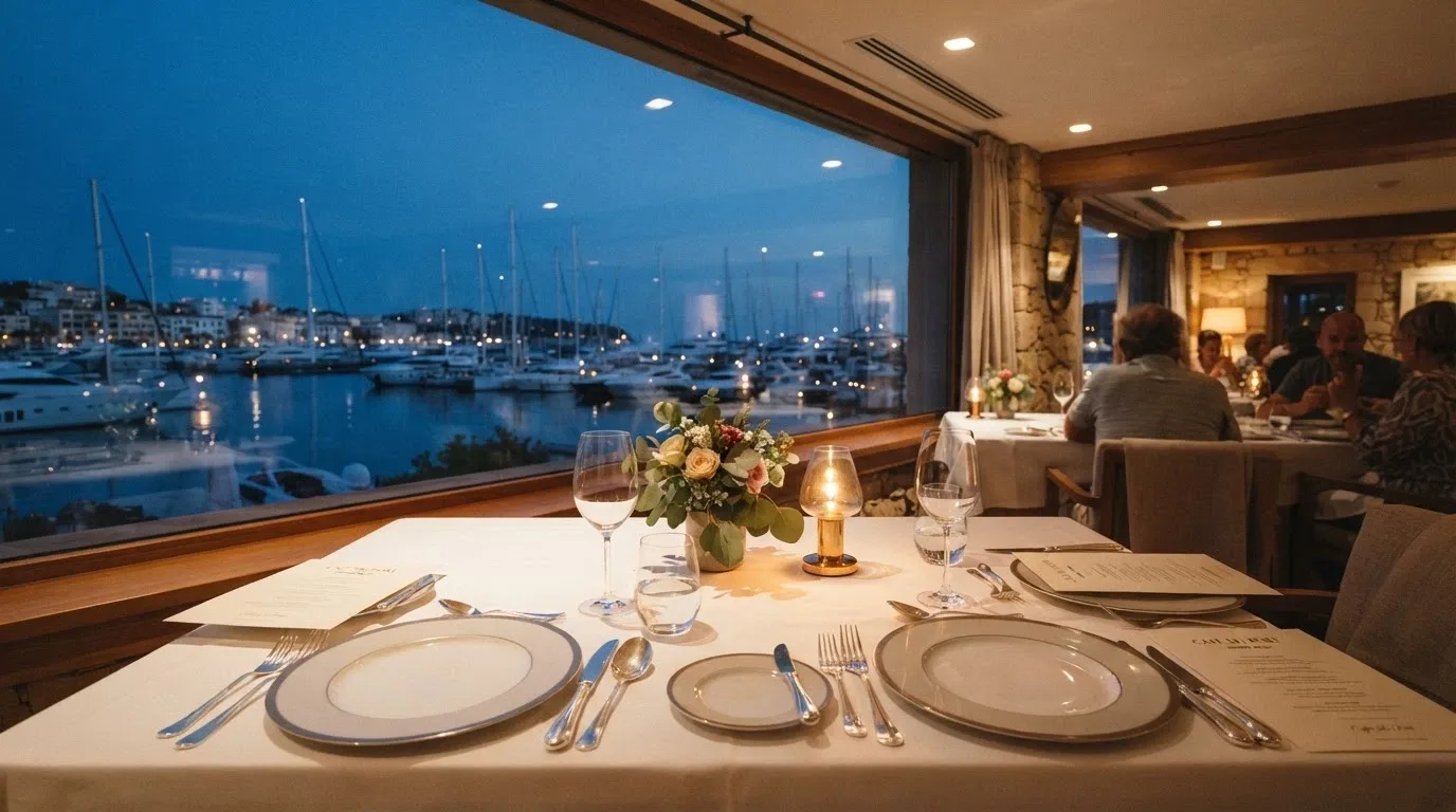 Mesa preparada en uno de los espacios gastronómicos del Casino Barcelona con vistas al Port Olímpic