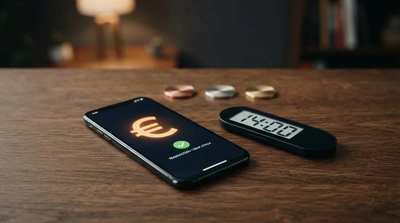 Un cronómetro marcando 14 minutos junto a los iconos de Bitcoin, Ethereum y USDT sobre el fondo de una wallet