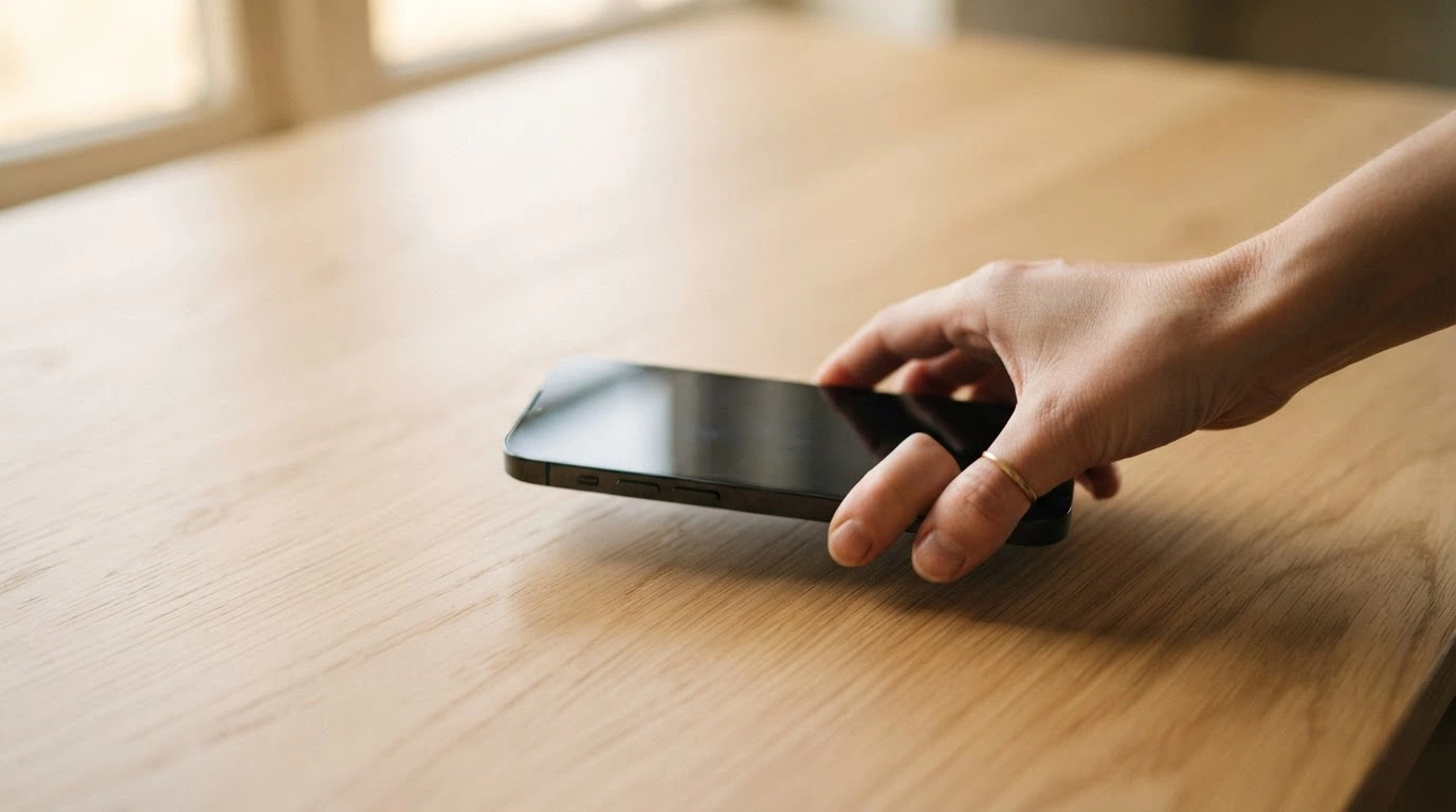 Mano apartando un teléfono móvil con la pantalla apagada sobre una mesa, gesto de decisión consciente
