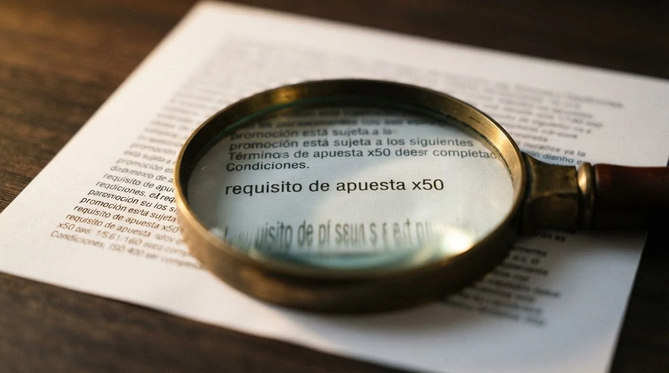 Una lupa sobre la letra pequeña de un bono de casino, ampliando las palabras «requisito de apuesta x50»