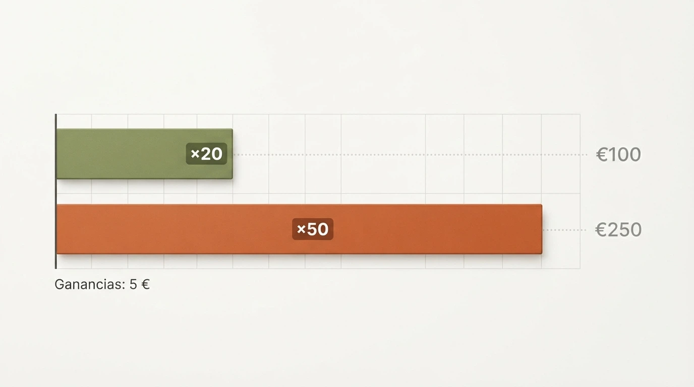 Comparativa visual de dos barras de progreso: una corta etiquetada x20 y otra mucho más larga etiquetada x50, con el mismo punto de partida de 5 € en ganancias