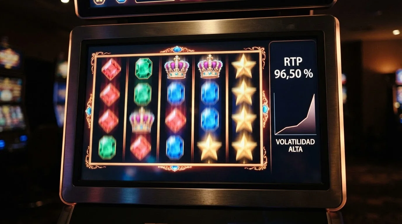 Pantalla de slot con los carretes girando y un panel lateral que muestra «RTP 96,50 %» junto a un gráfico de volatilidad