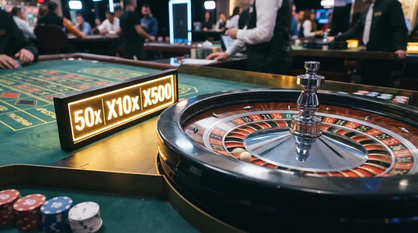 Mesa de ruleta en vivo de Evolution Gaming con primer plano del cilindro y la pantalla de multiplicadores Lightning activa