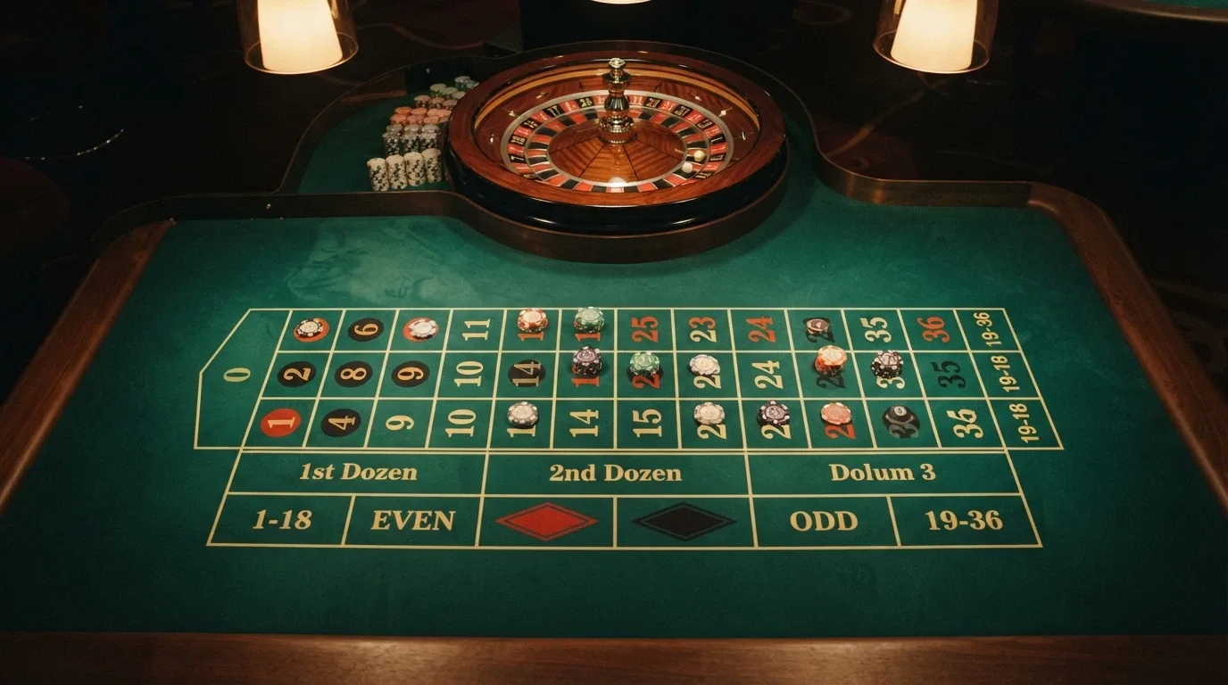 Mesa de ruleta europea en modo demo con fichas de colores distribuidas sobre el tapete y la rueda giratoria visible en segundo plano