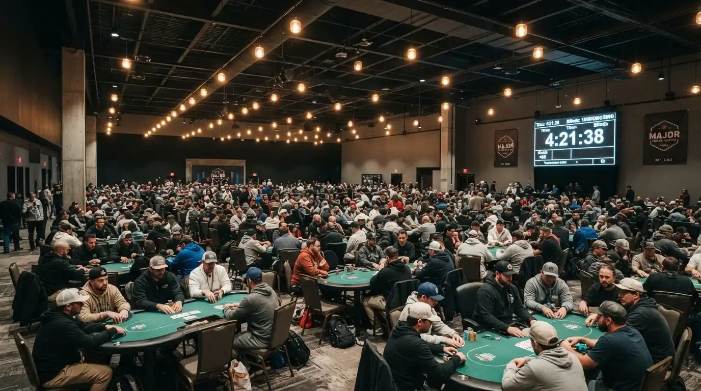 Gran sala de torneos del Casino Barcelona durante el European Poker Tour con jugadores en las mesas