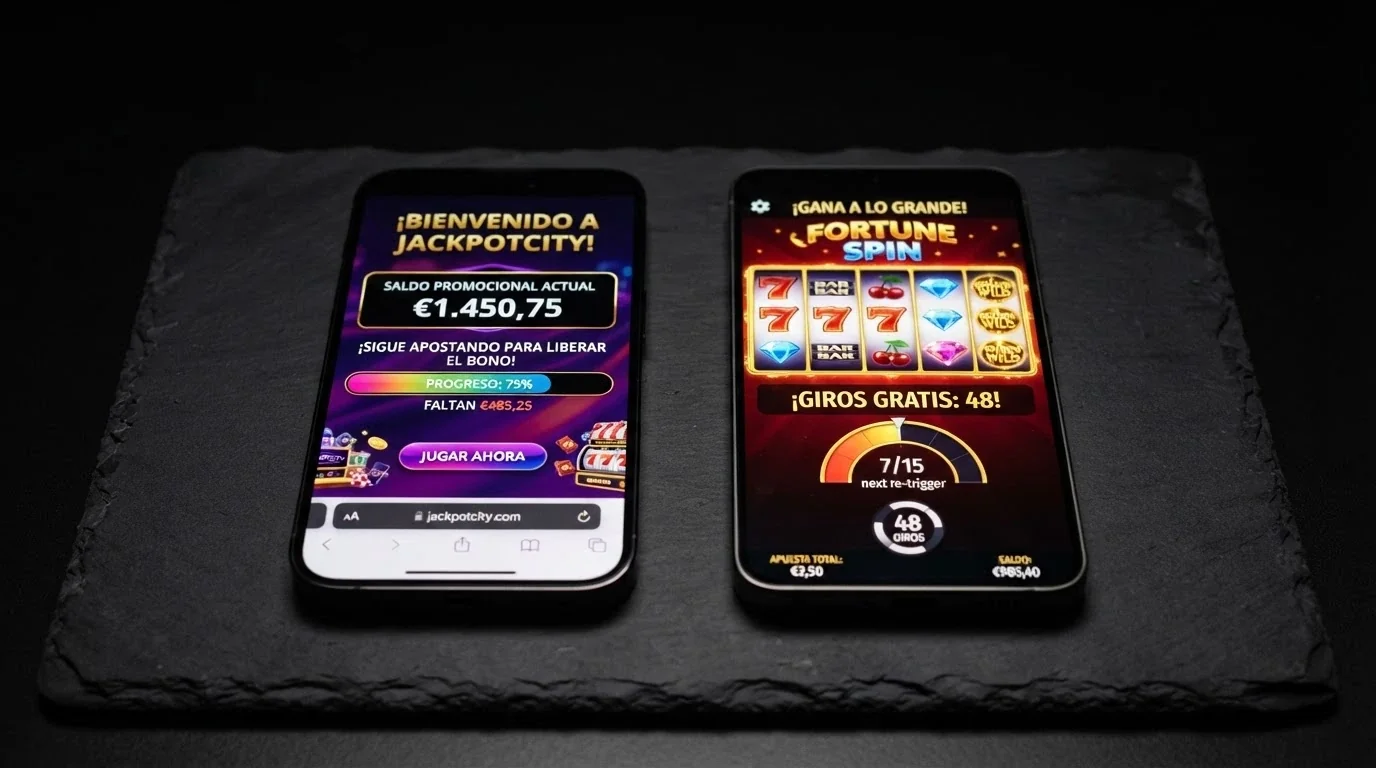 Comparación visual entre una pantalla de saldo de casino promocional y una pantalla de tiradas gratis en una slot