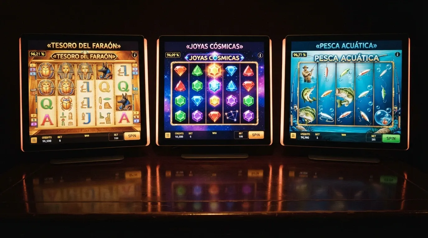 Tres pantallas de slot una al lado de otra — Book of Dead, Starburst y Big Bass Bonanza — cada una con su porcentaje de RTP visible en la esquina superior de la interfaz de juego