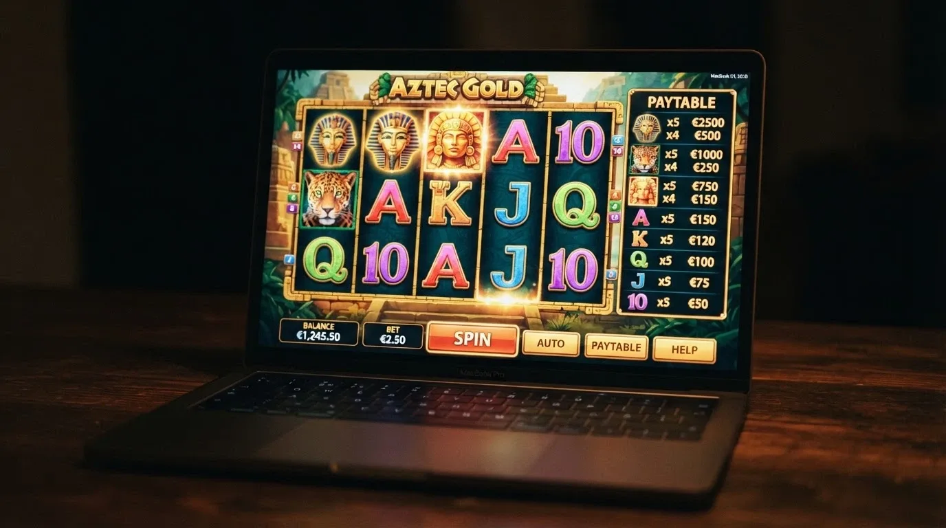 Primer plano de los rodillos de una tragamonedas online con la tabla de pagos visible en pantalla