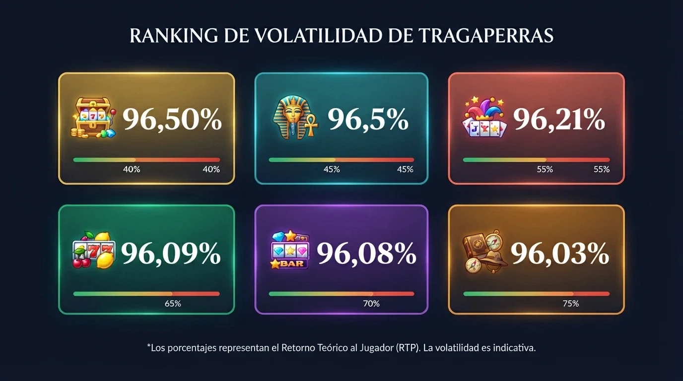 Varias tragaperras populares dispuestas en mosaico con su porcentaje de RTP destacado en un recuadro junto a cada título
