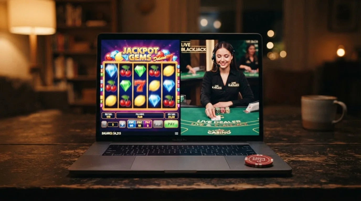 Captura de una tragaperras online con temática de criptomonedas y un crupier de live casino en una pantalla dividida