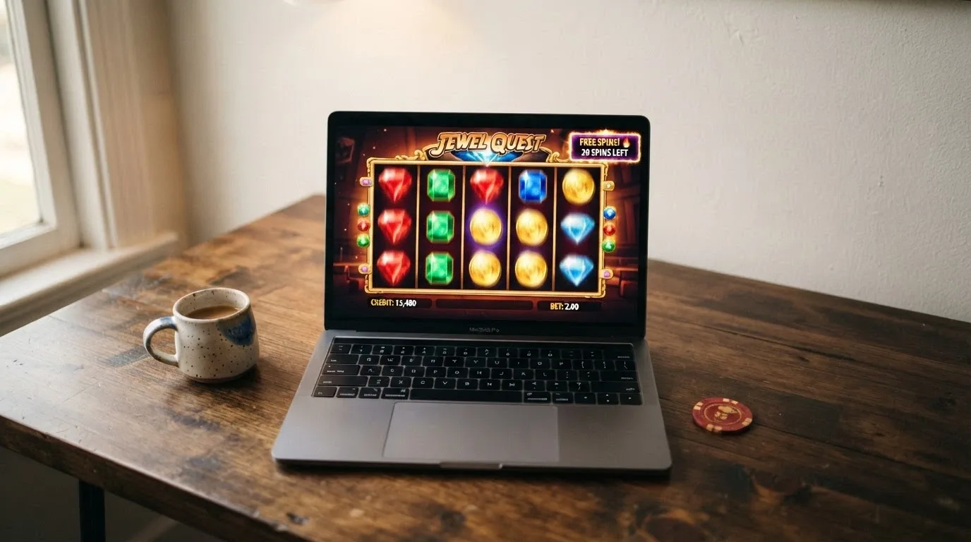 Interfaz de una tragaperras online colorida con una promoción de tiradas gratis activa en la esquina superior