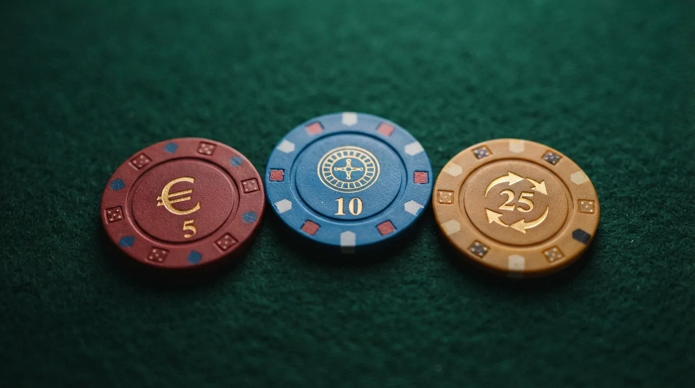 Tres fichas de casino con símbolos distintos: un billete (efectivo), una ruleta (saldo de casino) y varias monedas con el símbolo de giro (tiradas gratis)