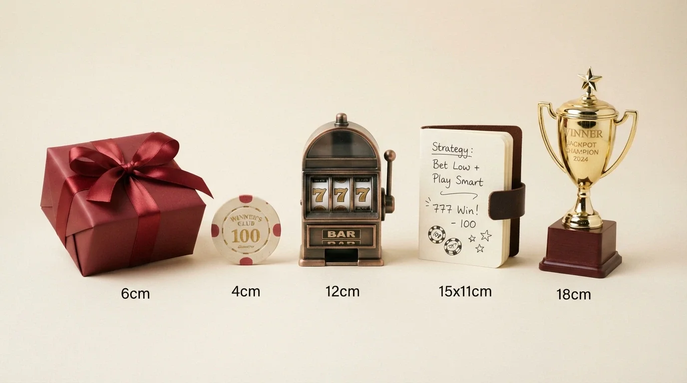 Iconos representando distintos tipos de promociones de casino: regalo, porcentaje, tiradas gratis, calendario y trofeo