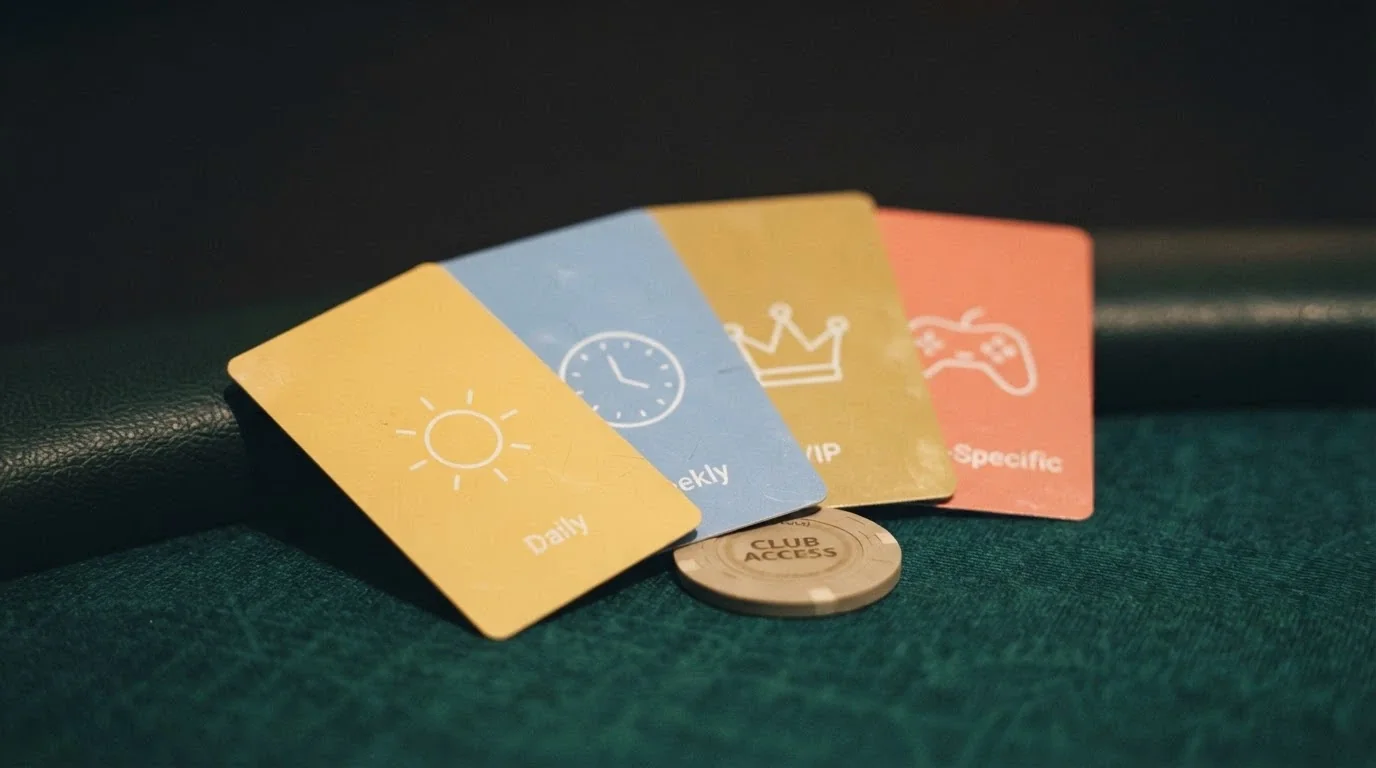 Cuatro tarjetas dispuestas en abanico, cada una con un icono distinto: un sol (diario), un calendario semanal, una corona (VIP) y un mando de consola (juego específico)