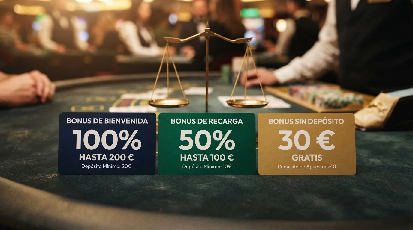 Tres tarjetas de bonos alineadas visualmente: una de bienvenida (100%), una de recarga (50%) y una sin depósito (gratis), con una balanza que pesa condiciones frente a importe