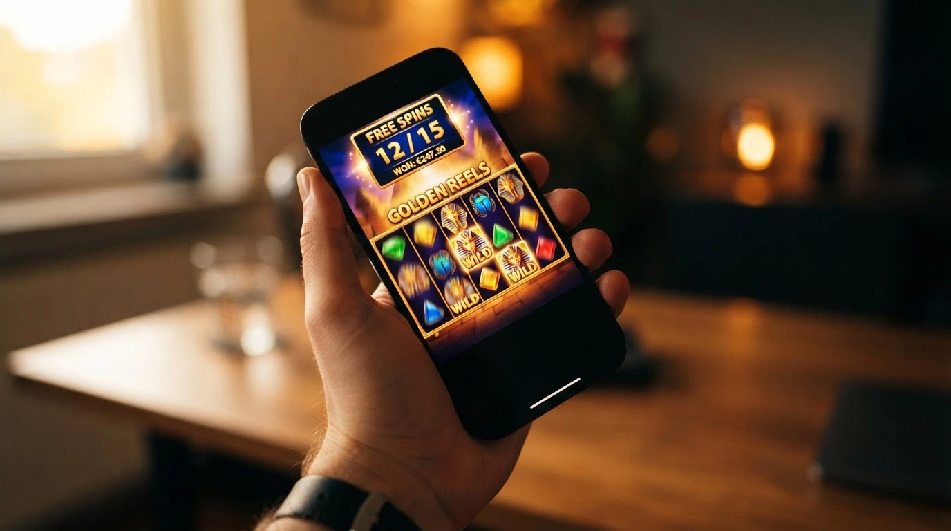 Primer plano de una slot online en un móvil con el contador de tiradas gratis activo y el valor de la ganancia acumulada visible en pantalla