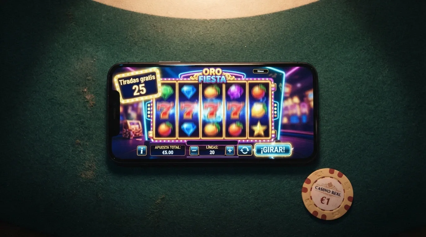 Una ruleta de slot online muestra tiradas gratis activas sobre un fondo de saldo real disponible.