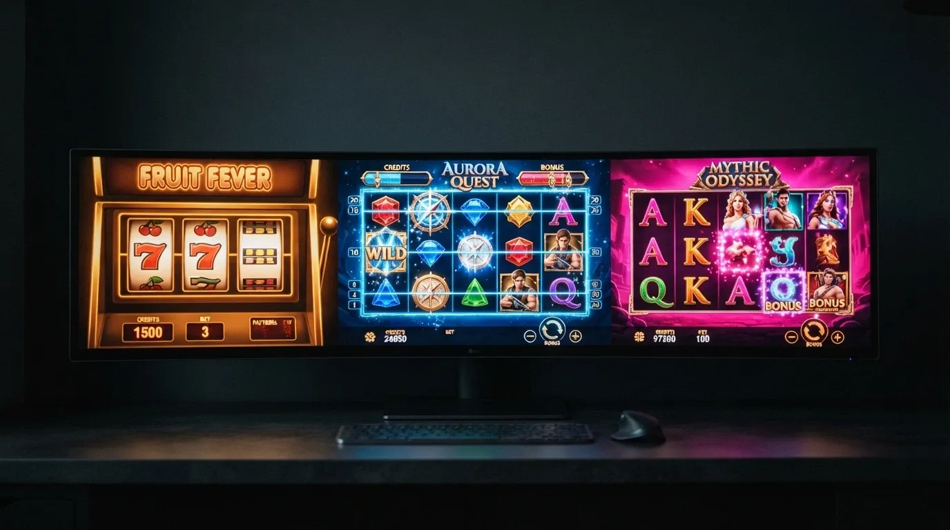 Pantalla dividida con tres tragaperras de distinta generación: una clásica de frutas, una moderna de 5 carretes y una 3D con animaciones