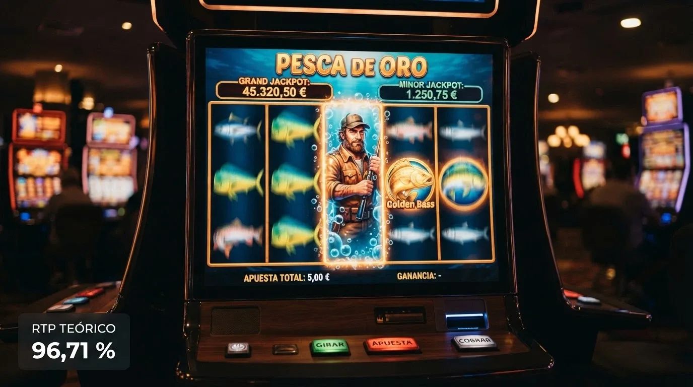 Captura de los rodillos de Big Bass Bonanza mostrando el pescador y el pez dorado de bonificación, con la ficha técnica del RTP 96,71% en pantalla