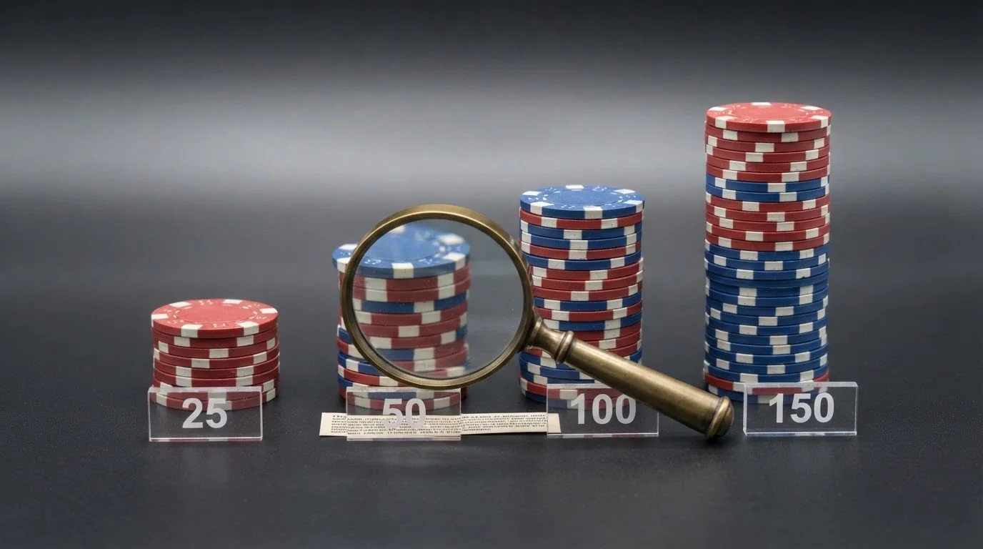 Representación visual de cuatro pilas de fichas de casino de altura creciente etiquetadas 25, 50, 100 y 150, con una lupa sobre la pila de 50 que revela las condiciones en letra pequeña