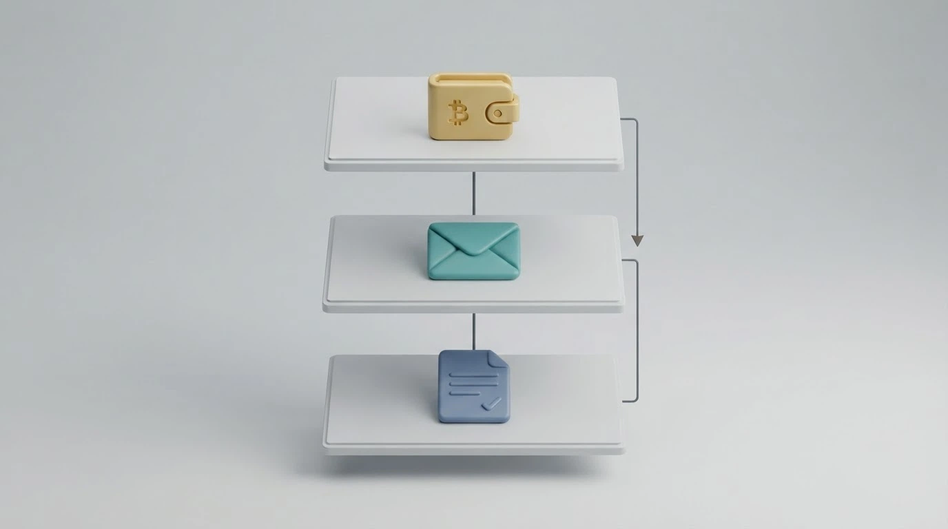 Diagrama de tres niveles: acceso sin datos, solo correo y verificación condicional, con iconos representativos