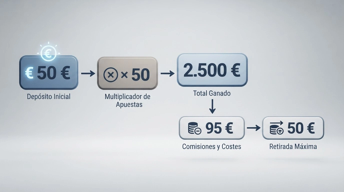 Gráfico o esquema que muestra el recorrido de 50€ de saldo promocional a través del rollover hasta el dinero retirable