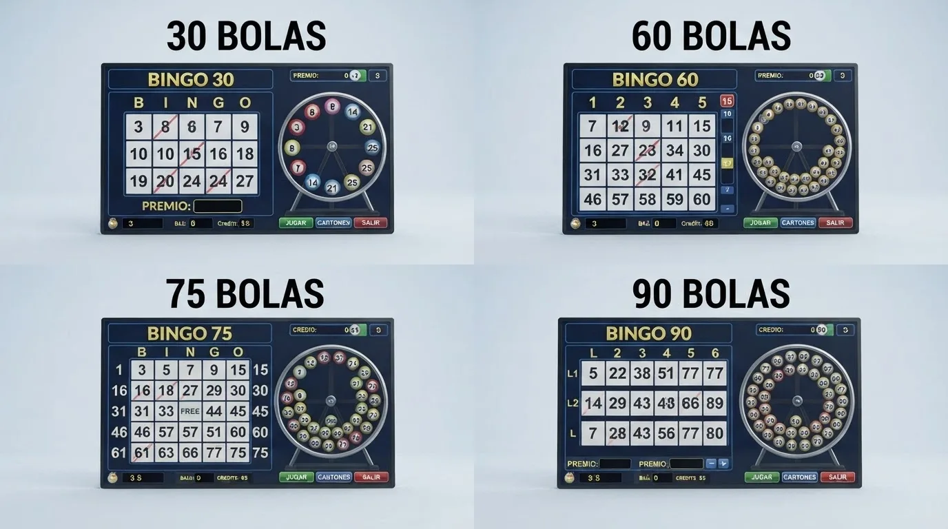 Cuatro pantallas de video bingo distintas mostrando las variantes de 30, 60, 75 y 90 bolas con sus cartones y bombos correspondientes