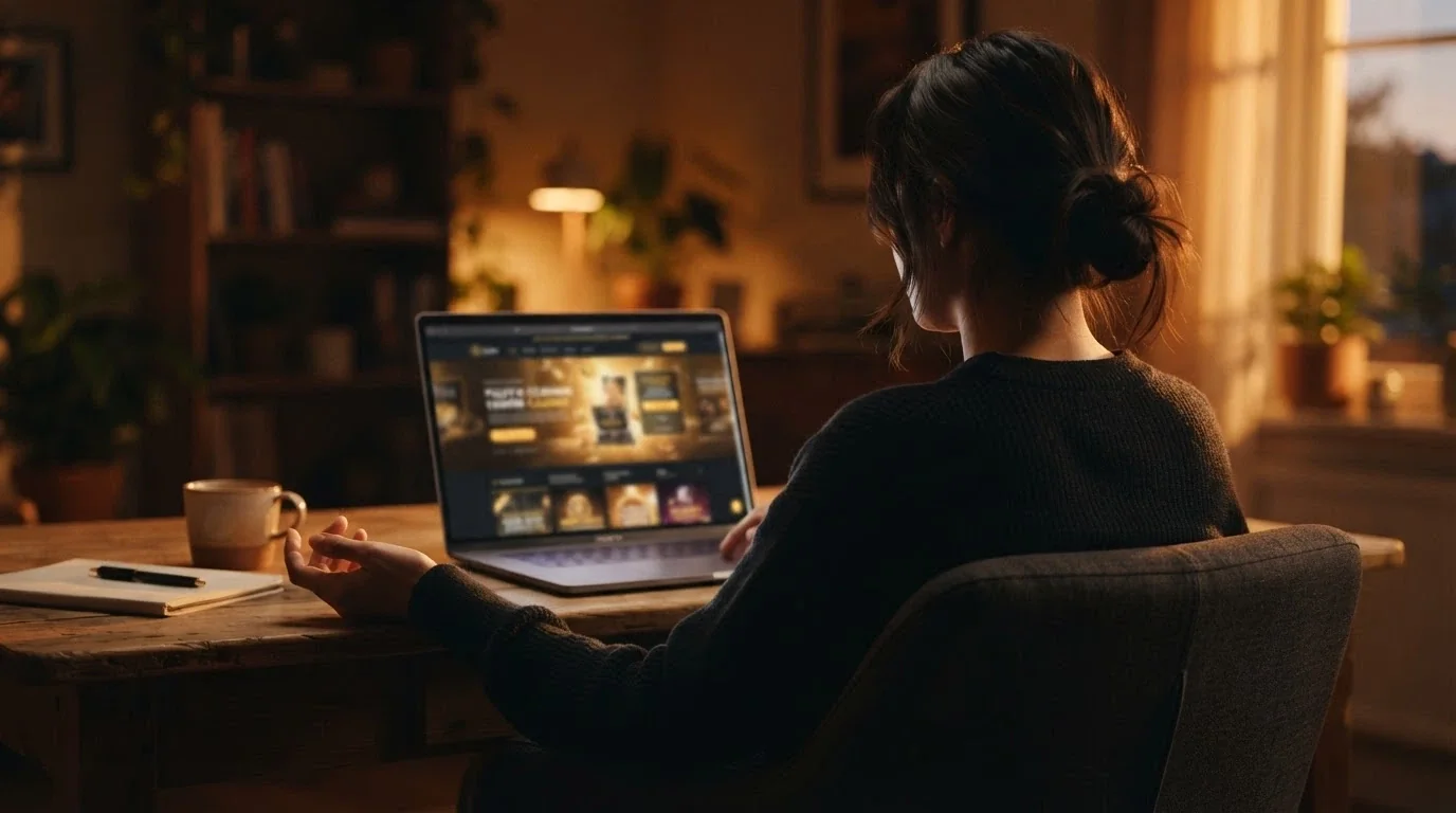 Un jugador mirando la pantalla de un ordenador portátil con gesto reflexivo, con la web de un casino al fondo desenfocada