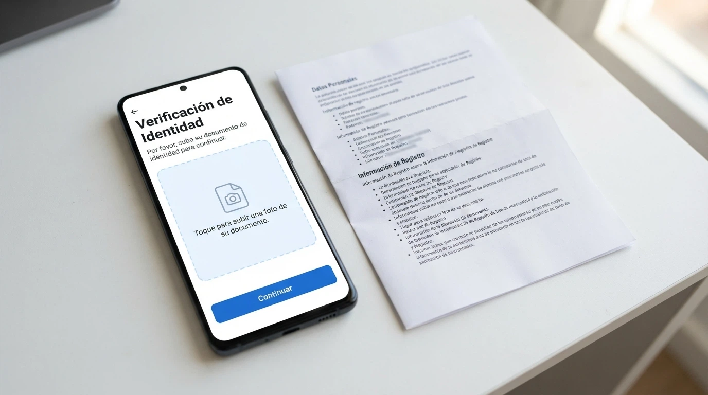 Pantalla de un móvil mostrando un formulario de verificación de identidad con un documento de identidad junto al teléfono