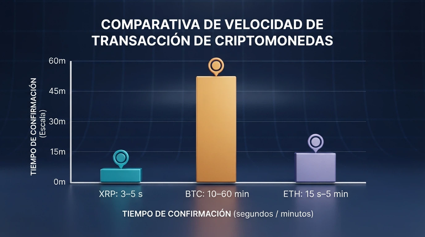 Gráfico de barras comparando el tiempo de confirmación de XRP (3–5 segundos), Bitcoin (10–60 minutos) y Ethereum, sobre fondo de nodos de blockchain